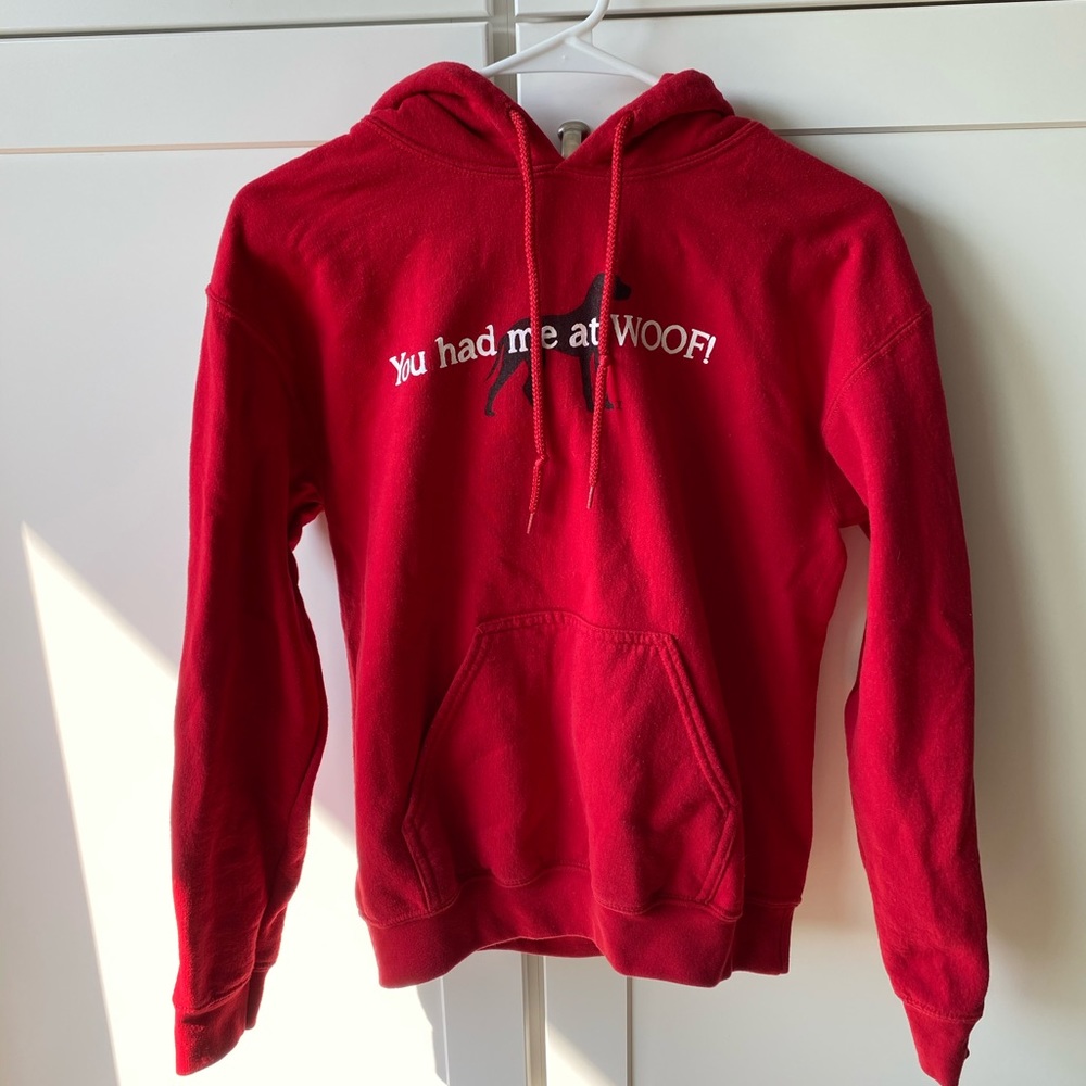 Women’s red “You had me at WOOF!” sweatshirt